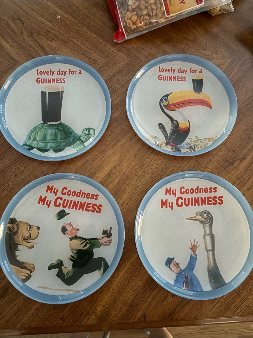 Guinness Plate Set with Blue Rim and Cream Center - Illustrated Animal Ads